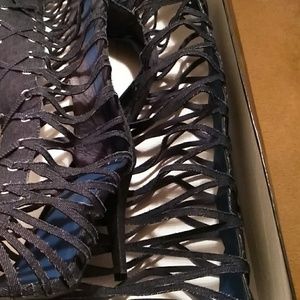 Denim knee high heels